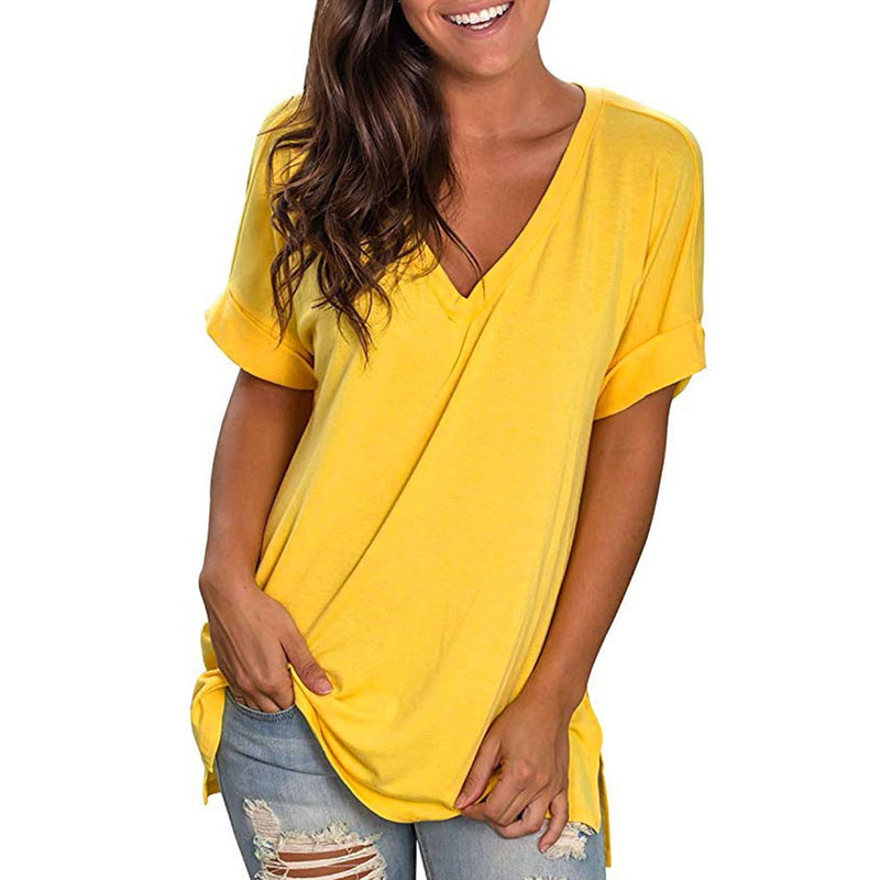  Women's V Neck Side Slit T-Shirt Summer Casual Rolled Short Sleeves