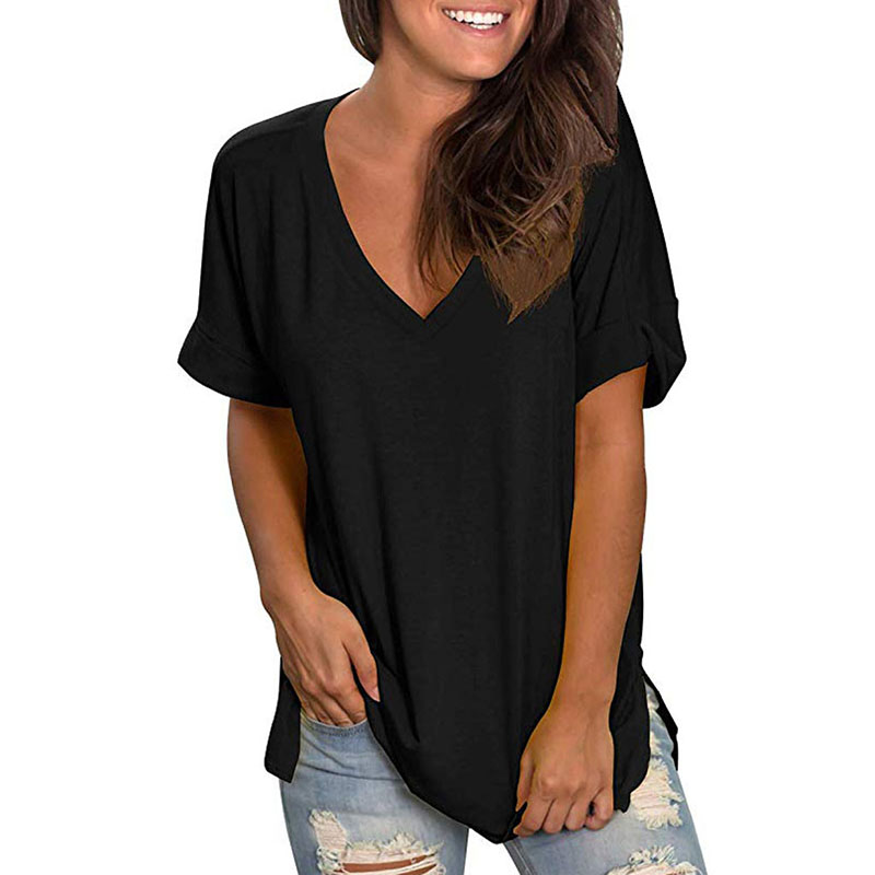  Women's V Neck Side Slit T-Shirt Summer Casual Rolled Short Sleeves