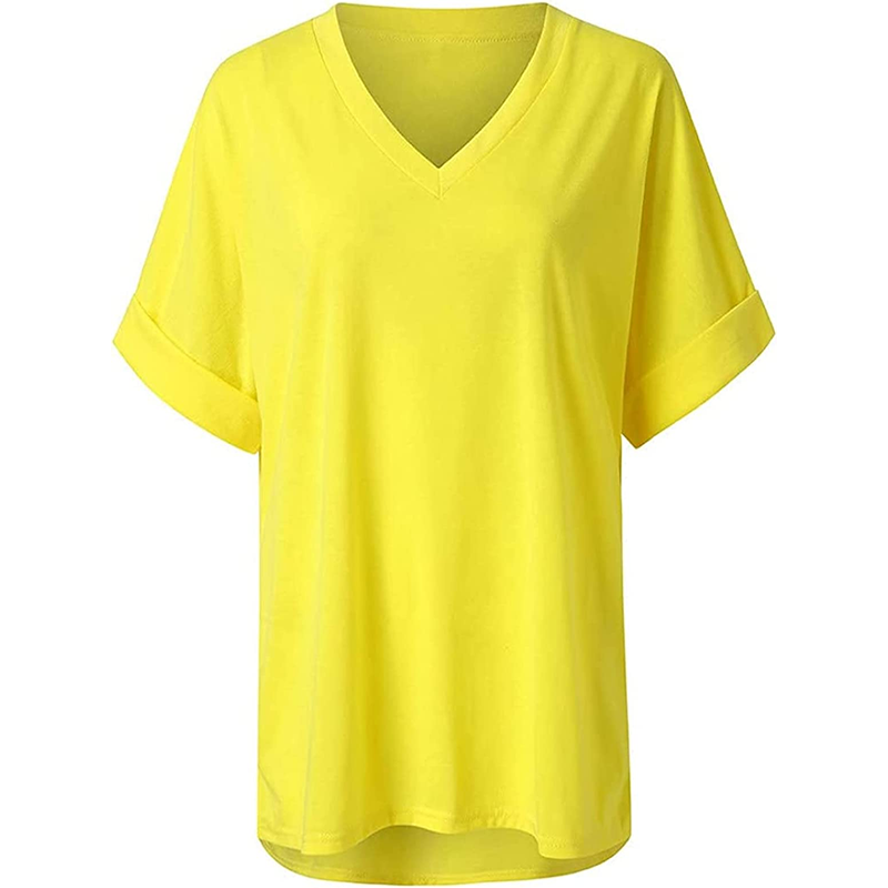  Women's V Neck Side Slit T-Shirt Summer Casual Rolled Short Sleeves