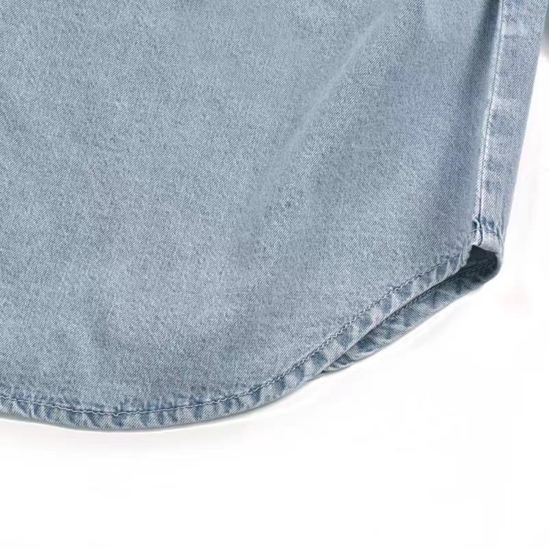 Spring Button-Neck Off-Shoulder Long-Sleeved Denim Shirt