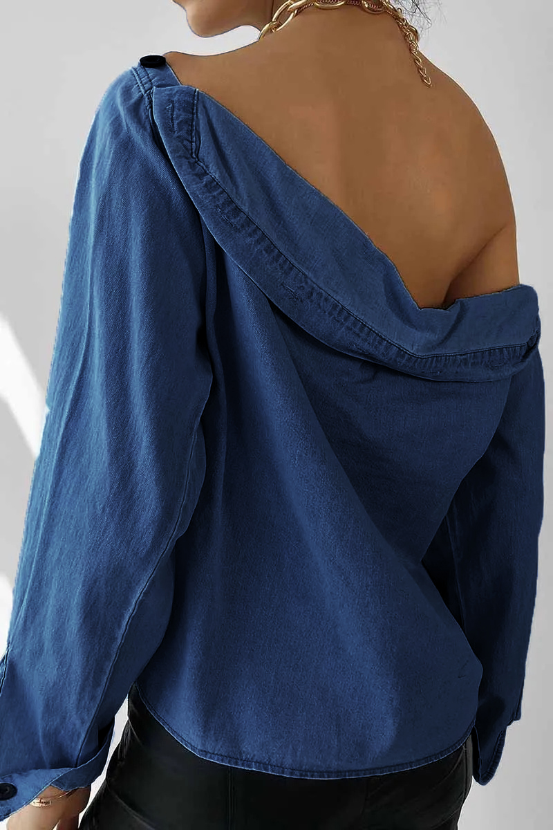 Spring Button-Neck Off-Shoulder Long-Sleeved Denim Shirt