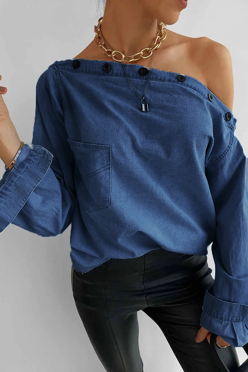 Spring Button-Neck Off-Shoulder Long-Sleeved Denim Shirt