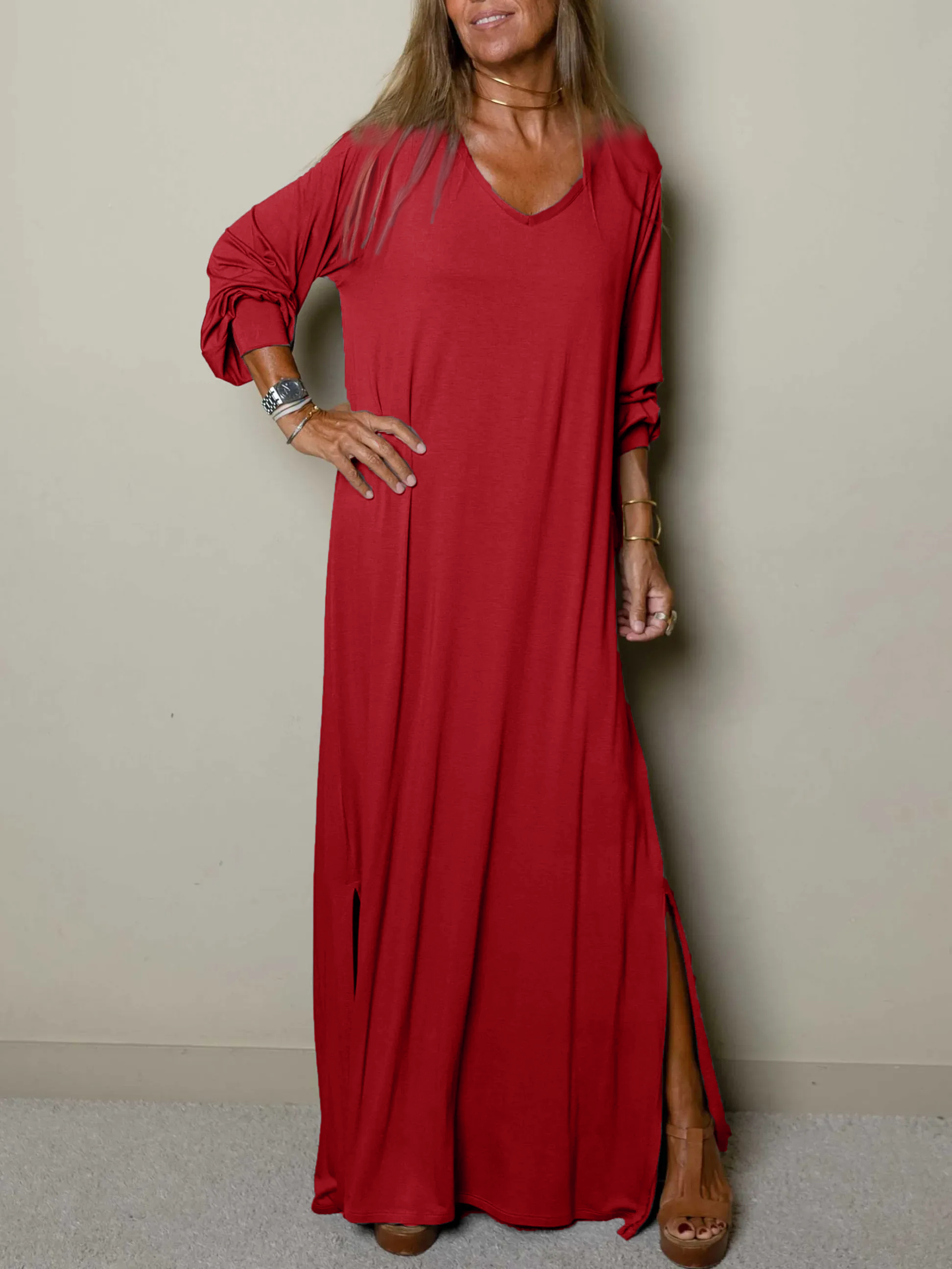 WOMEN CASUAL V-NECK MAXI DRESS