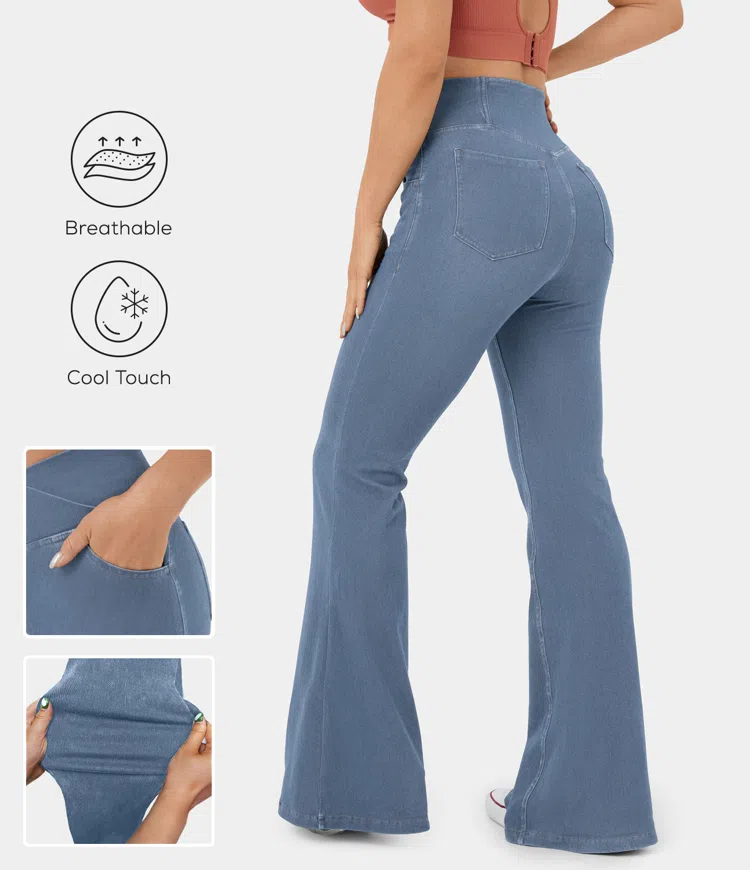 High Waisted Crossover Pocket Cool Touch Breathable Washed Stretchy Knit Denim Casual Super Flare Pants