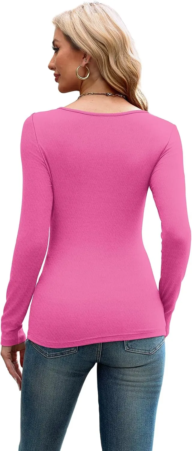 Womens Cutout Long Sleeve Shirts Ribbed Slim Fit Tops(buy 2 free shipping)