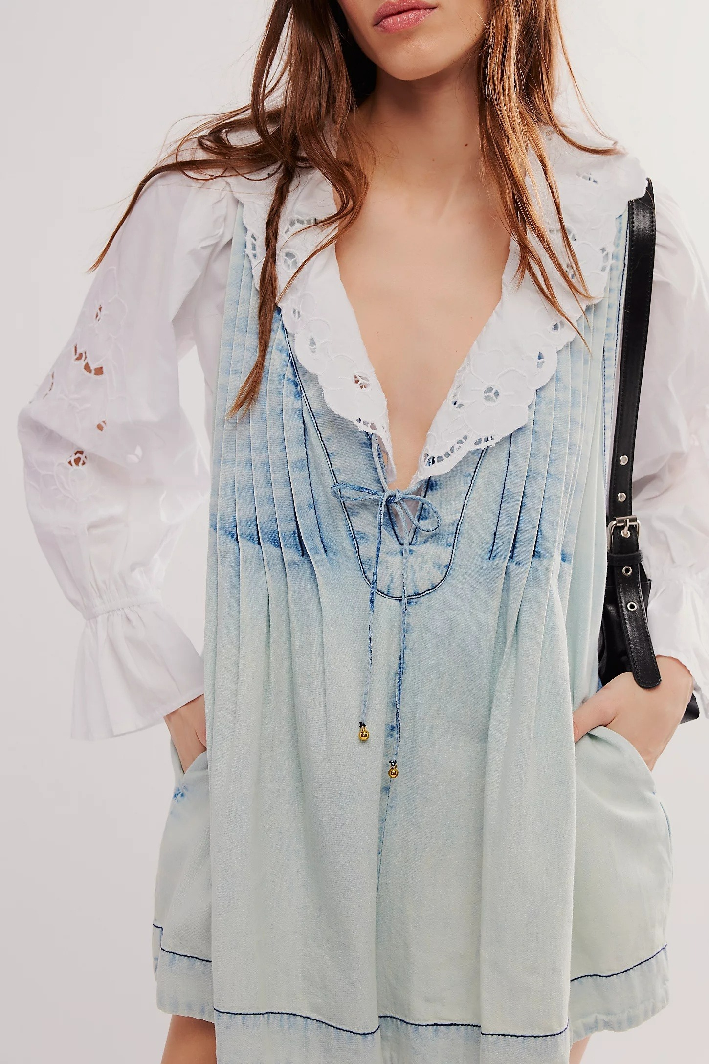 DENIM V-NECK PLEATED ROMPER (BUY 2 FREE SHIPPING)