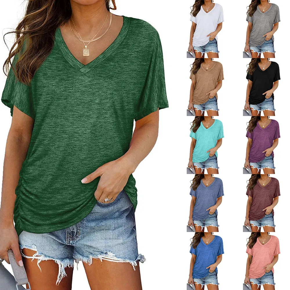 WOMEN'S LOOSE FIT SHORT SLEEVE V NECK SHIRTS WITH SIDE SHIRRING