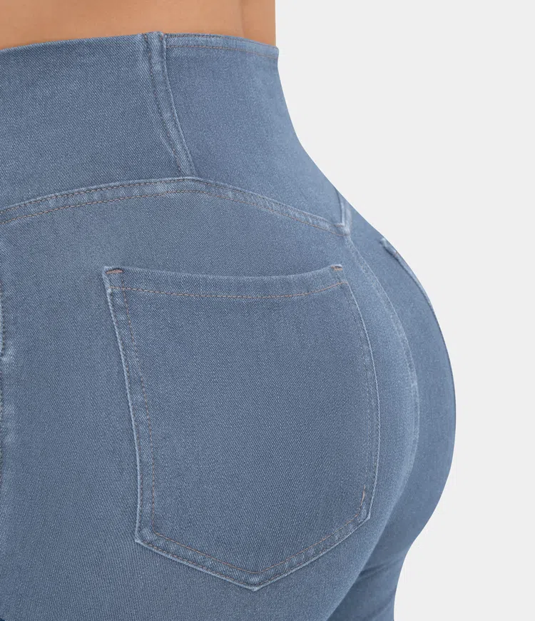 High Waisted Crossover Pocket Cool Touch Breathable Washed Stretchy Knit Denim Casual Super Flare Pants