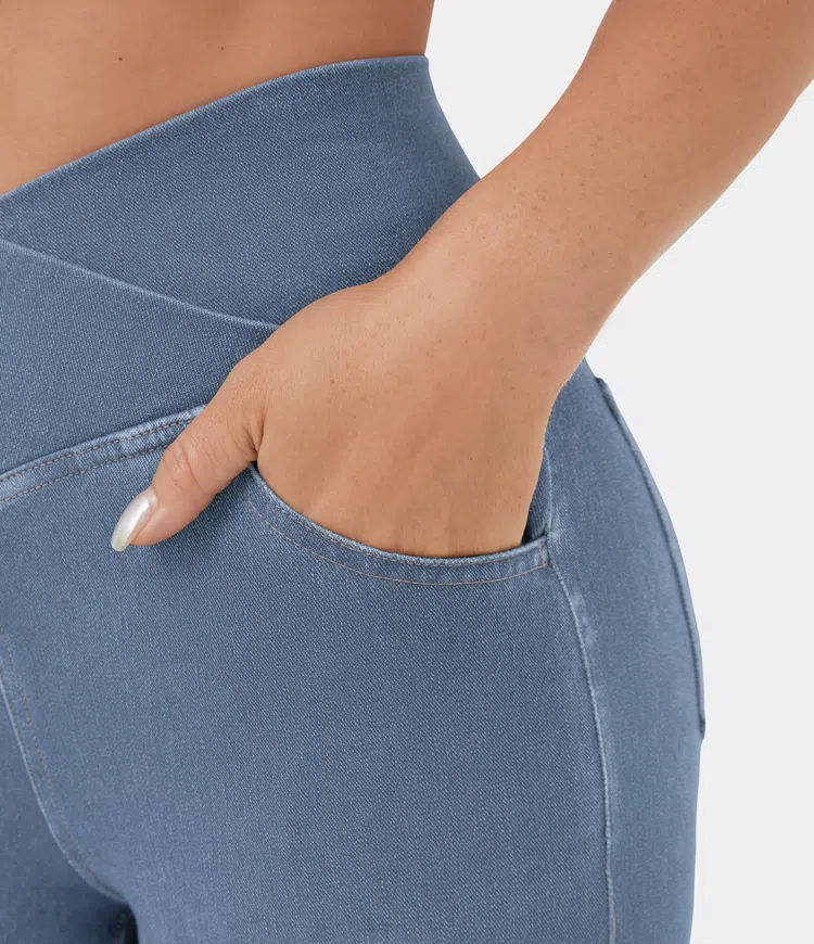 High Waisted Crossover Pocket Cool Touch Breathable Washed Stretchy Knit Denim Casual Super Flare Pants