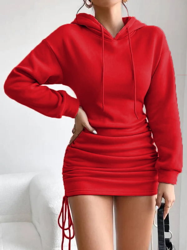  Drop Shoulder Drawstring Side Ruched Hoodie Dress