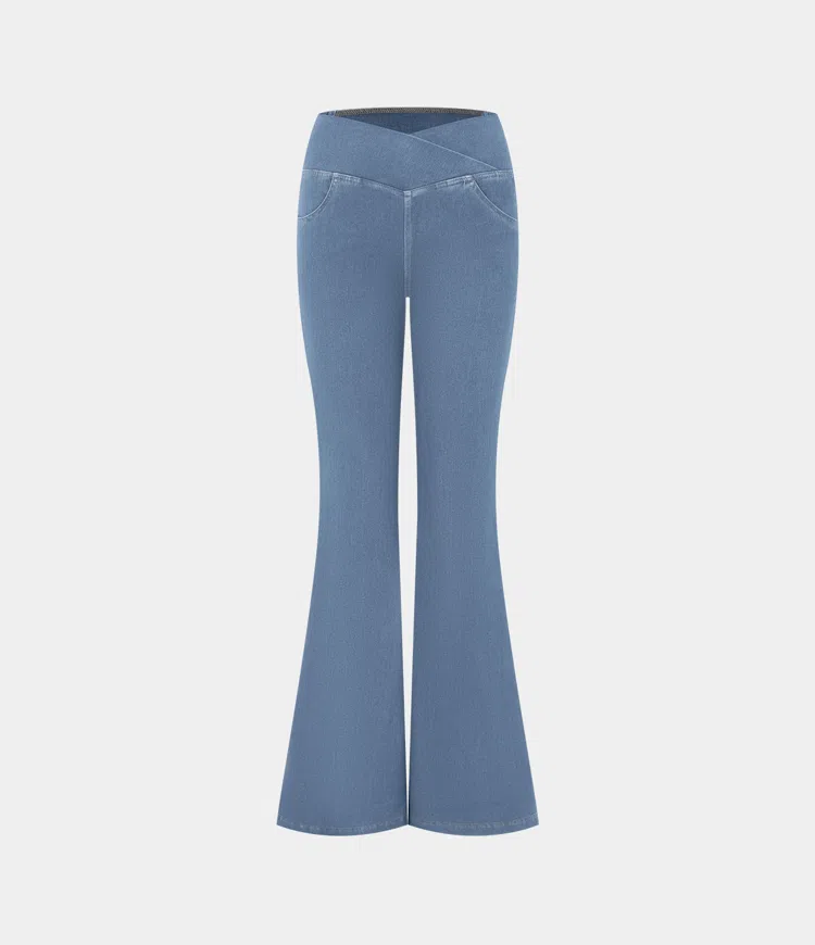 High Waisted Crossover Pocket Cool Touch Breathable Washed Stretchy Knit Denim Casual Super Flare Pants