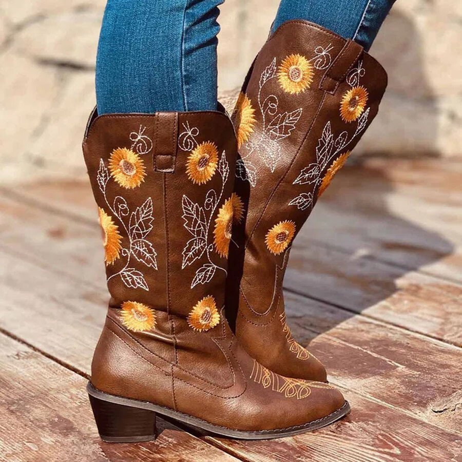 Sunflower Embroidery Western Cowboy Boots