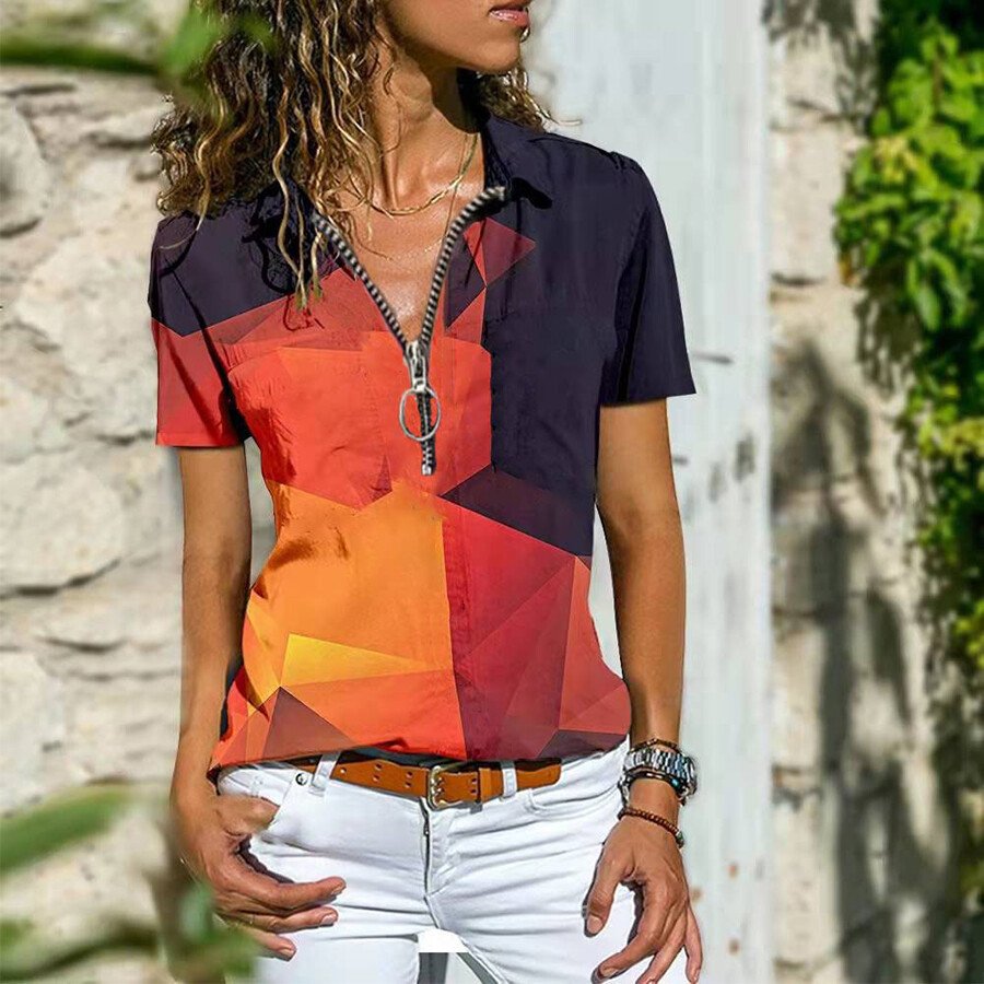 Geometry Western Ethnic Style Zipper T-Shirt