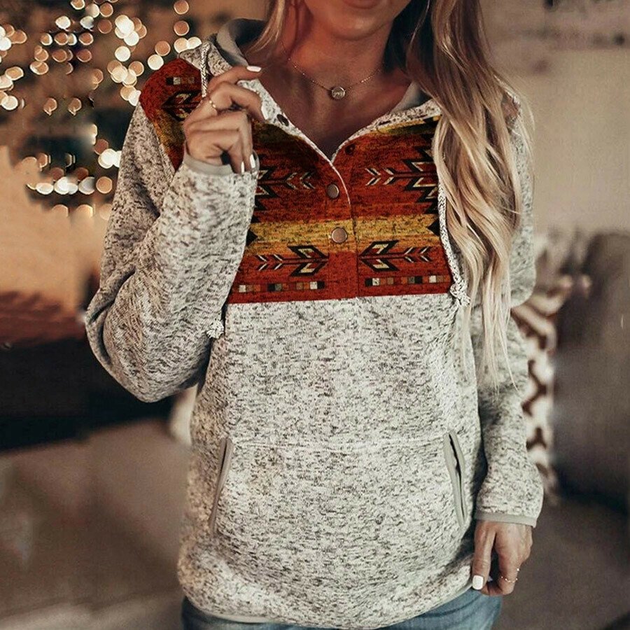 Womens Casual Geometric Print Hoodie Long Sleeve Drawstring Sweatshirt Pullover Tops