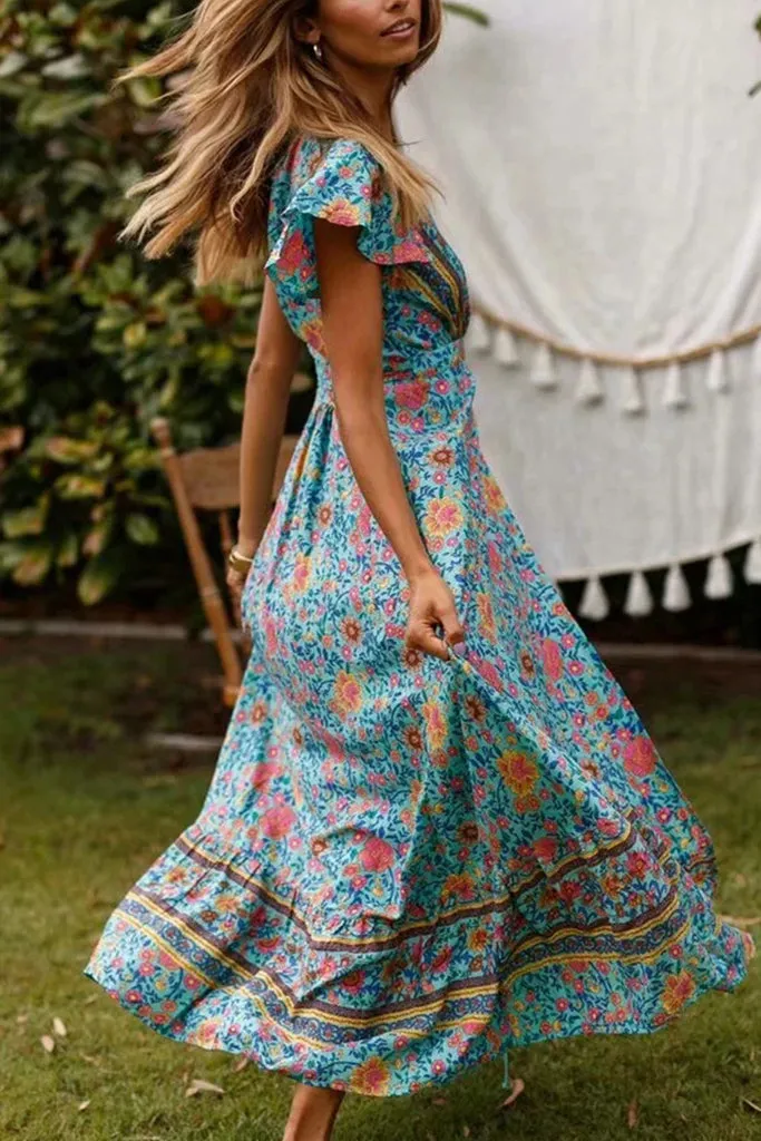 WOMEN'S BOHO V-NECK LONG MAXI DRESS