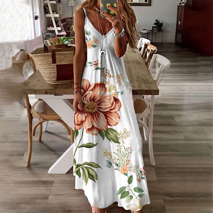 Women's Sleeveless Slim Fit Floral Print Low Cut V-Neck Sling Dress