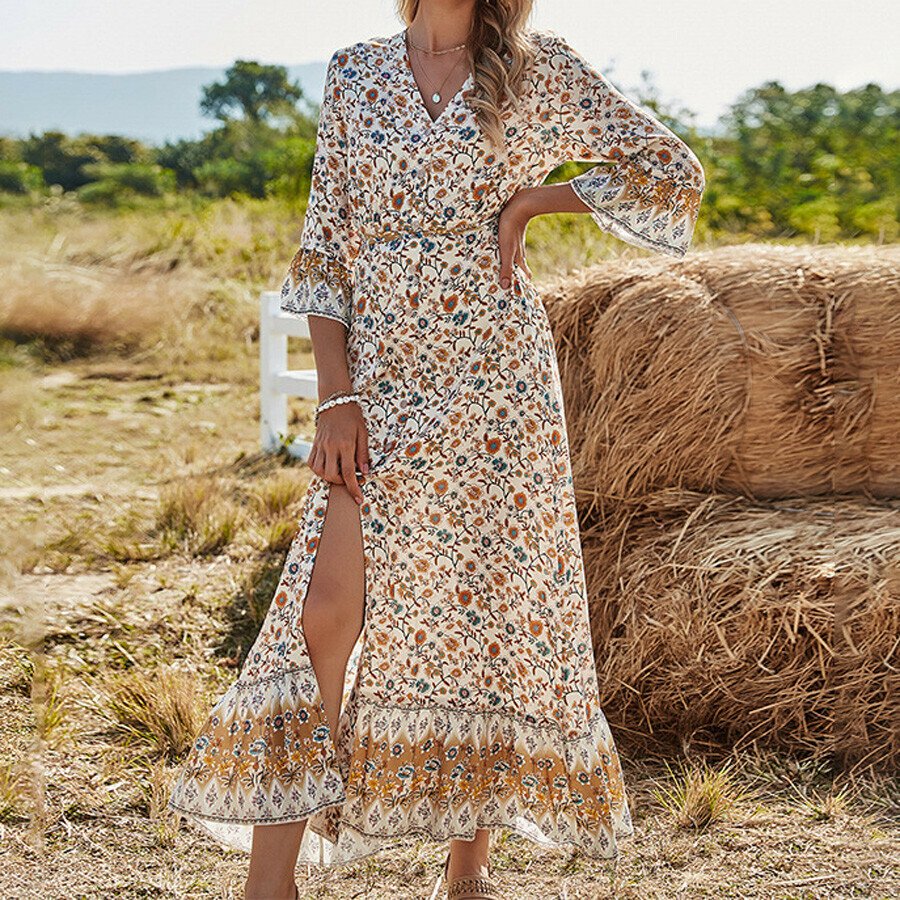 Women V-Neck Boho High Waist Maxi Dress