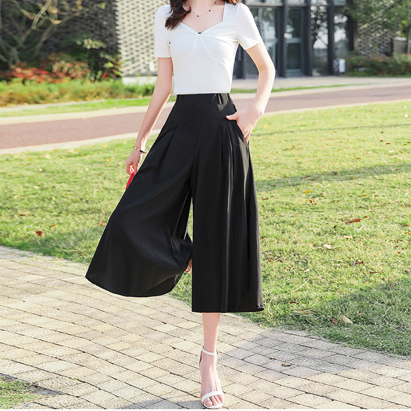  New solid color high waist 9-point wide-leg culottes (elastic waist, maximum size 4xl)