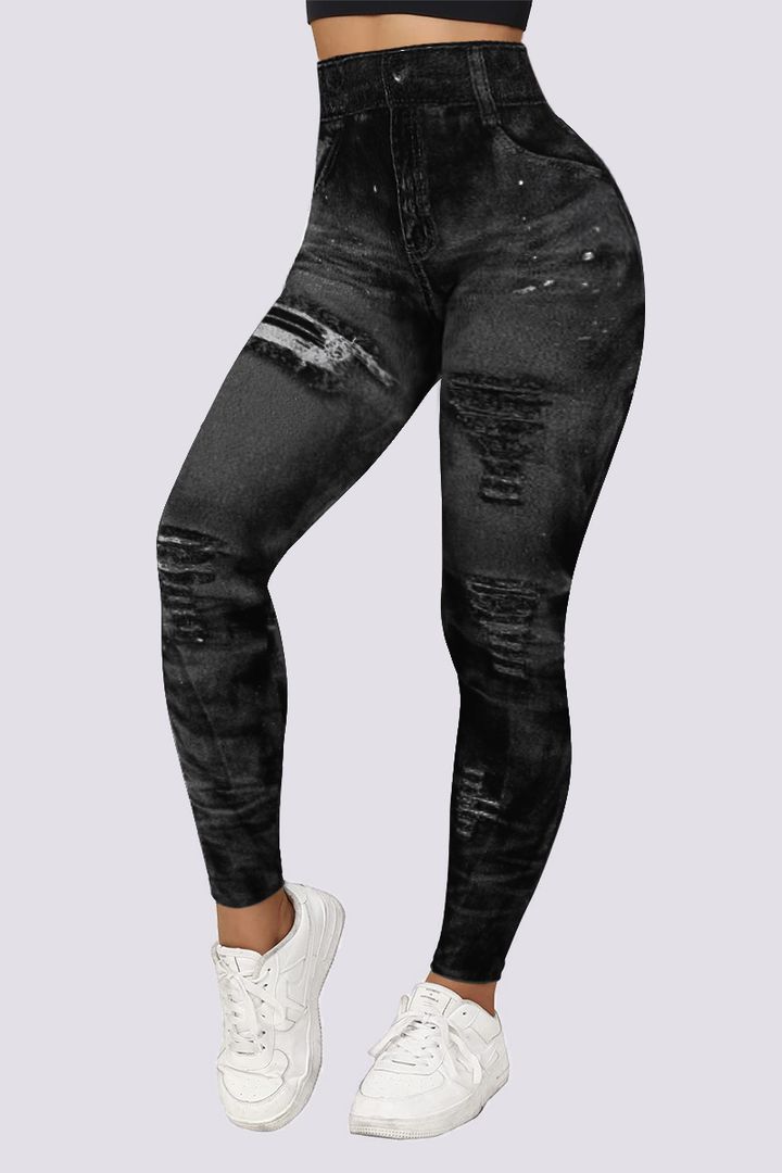 DENIM LOOK HIGH WAIST SPORTS LEGGINGS