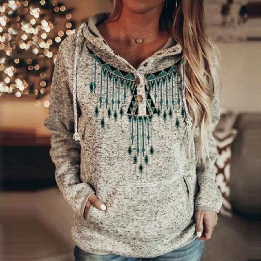 Ladies Western Ethnic Print Hooded Sweatshirt