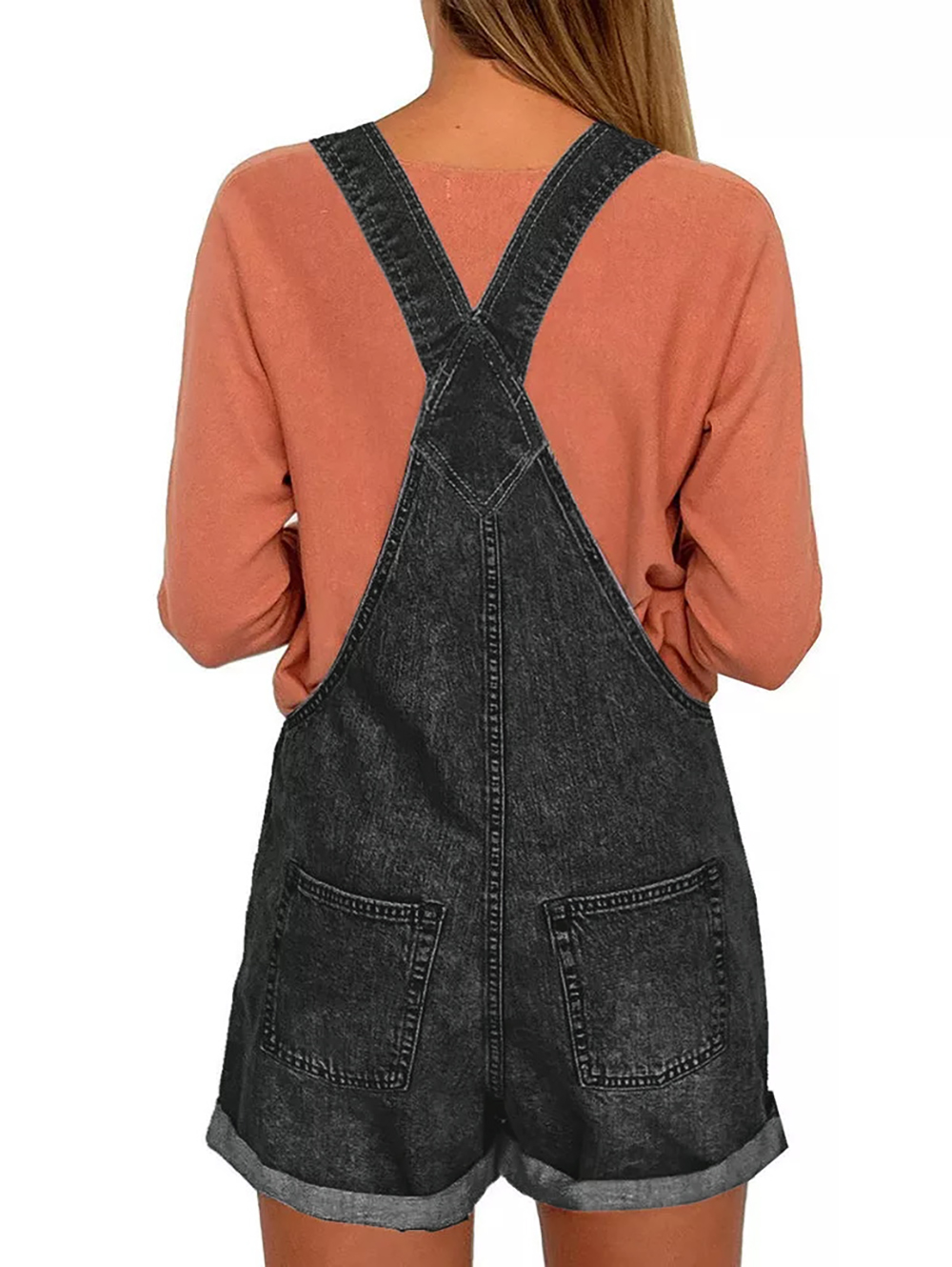 Women's Casual Cuffed Denim Bib Strap Overall Shorts Romper Shortall Jeans