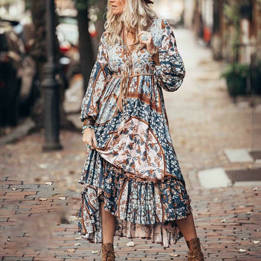 Bohemian Floral Printed Maxi Dress For Women