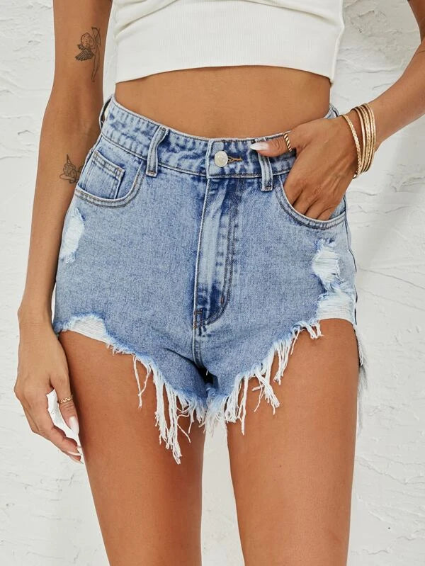 High Waist Raw Hem Denim Shorts