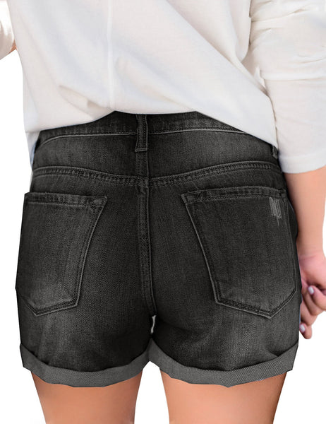 Women's High Waisted Jean Shorts Casual Cuff Hem Ripped Denim Short