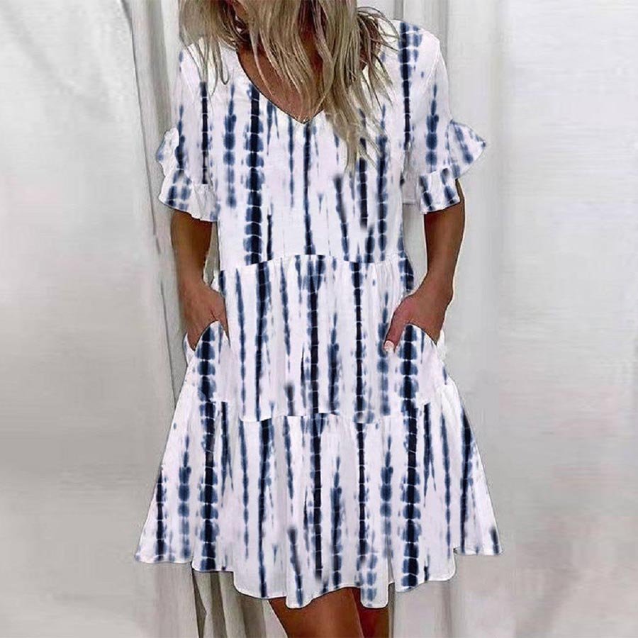 Striped Print Women's Fashion Ruffle Short Sleeve Mini Dress