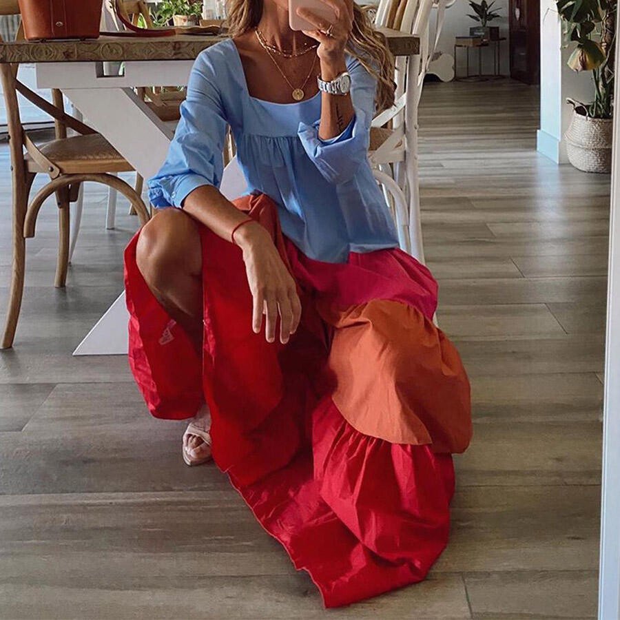 Women's Casual Color Block Long Dress