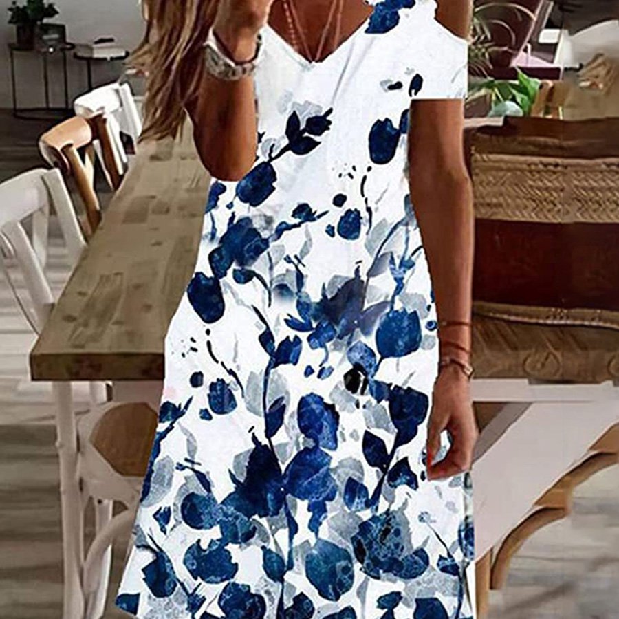 Ladies Lace V-Neck Off-Shoulder Print Dress