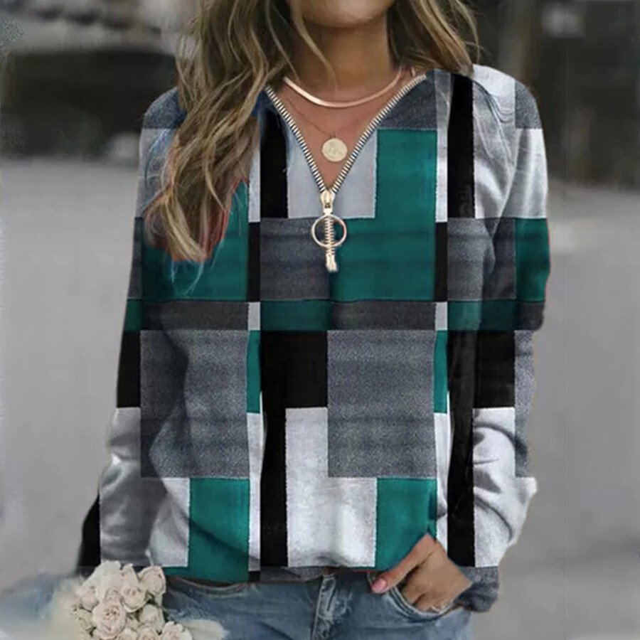 Ladies Retro V-neck Zipper Print Long Sleeve Sweatshirt