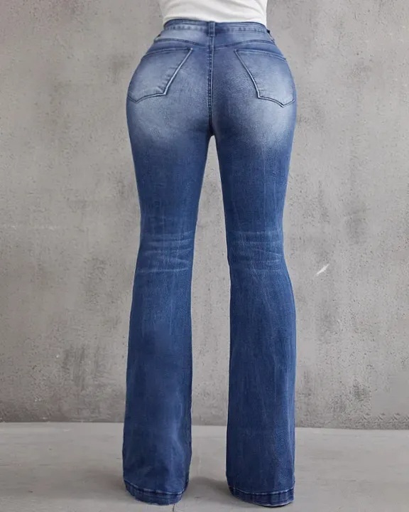 90S VINTAGE DISTRESSED ZIP FLY RAW HEM FLARE LEG JEANS