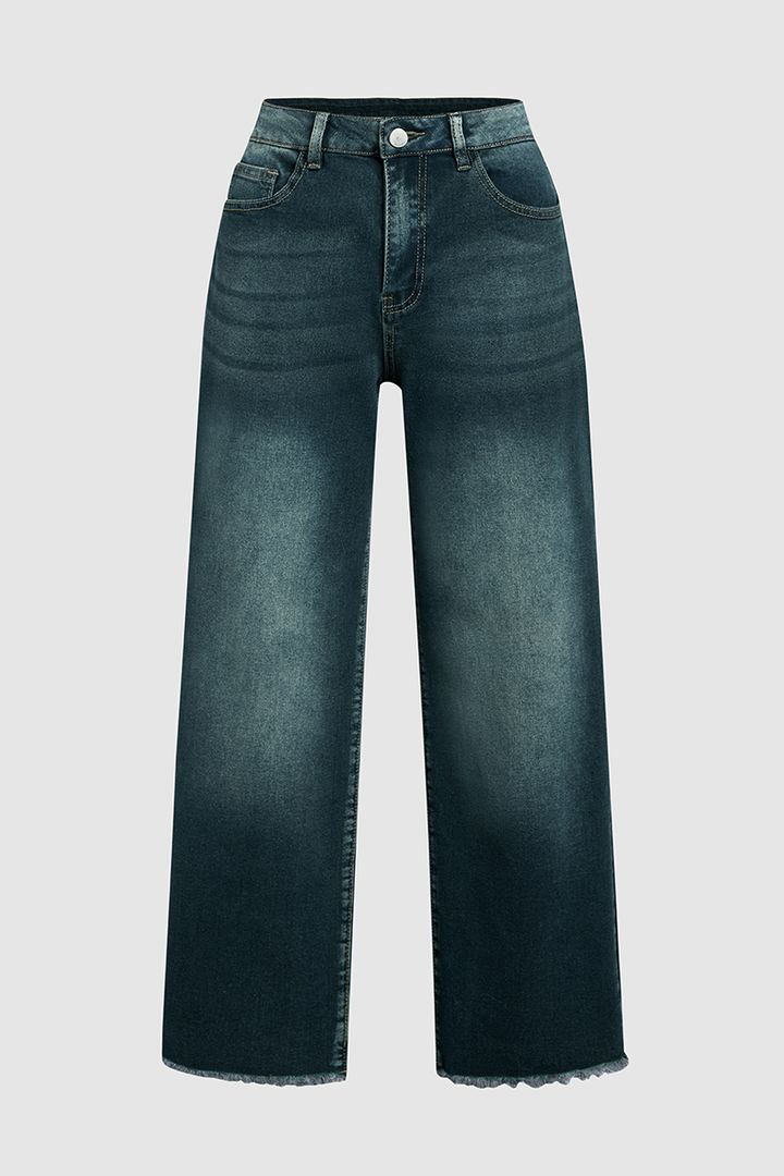 🔥🔥Midiross Washed Raw Hem Mid Waist Straight Leg Jeans