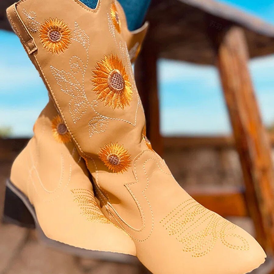 Sunflower Embroidery Western Cowboy Boots