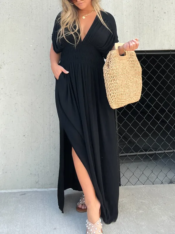 SLIT V-NECK EFFORTLESS MAXI LONG DRESS