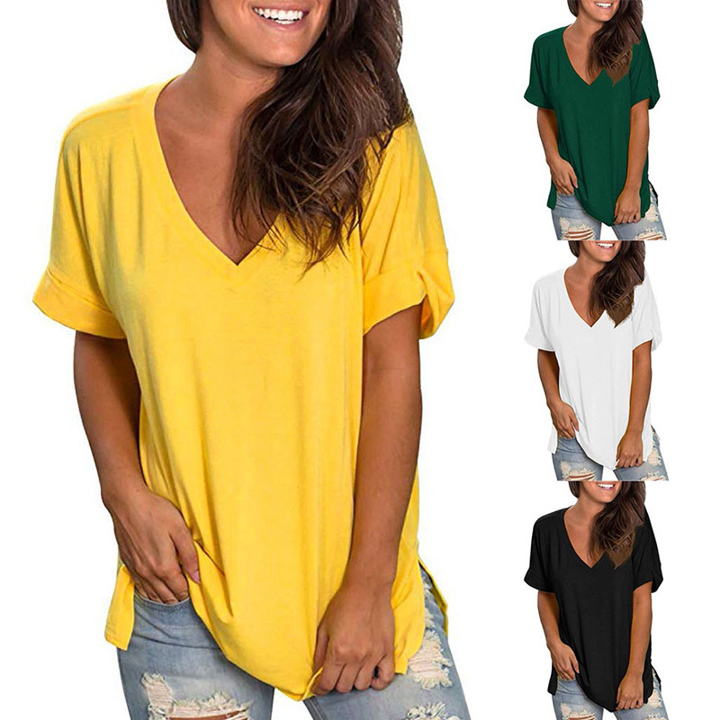  Women's V Neck Side Slit T-Shirt Summer Casual Rolled Short Sleeves