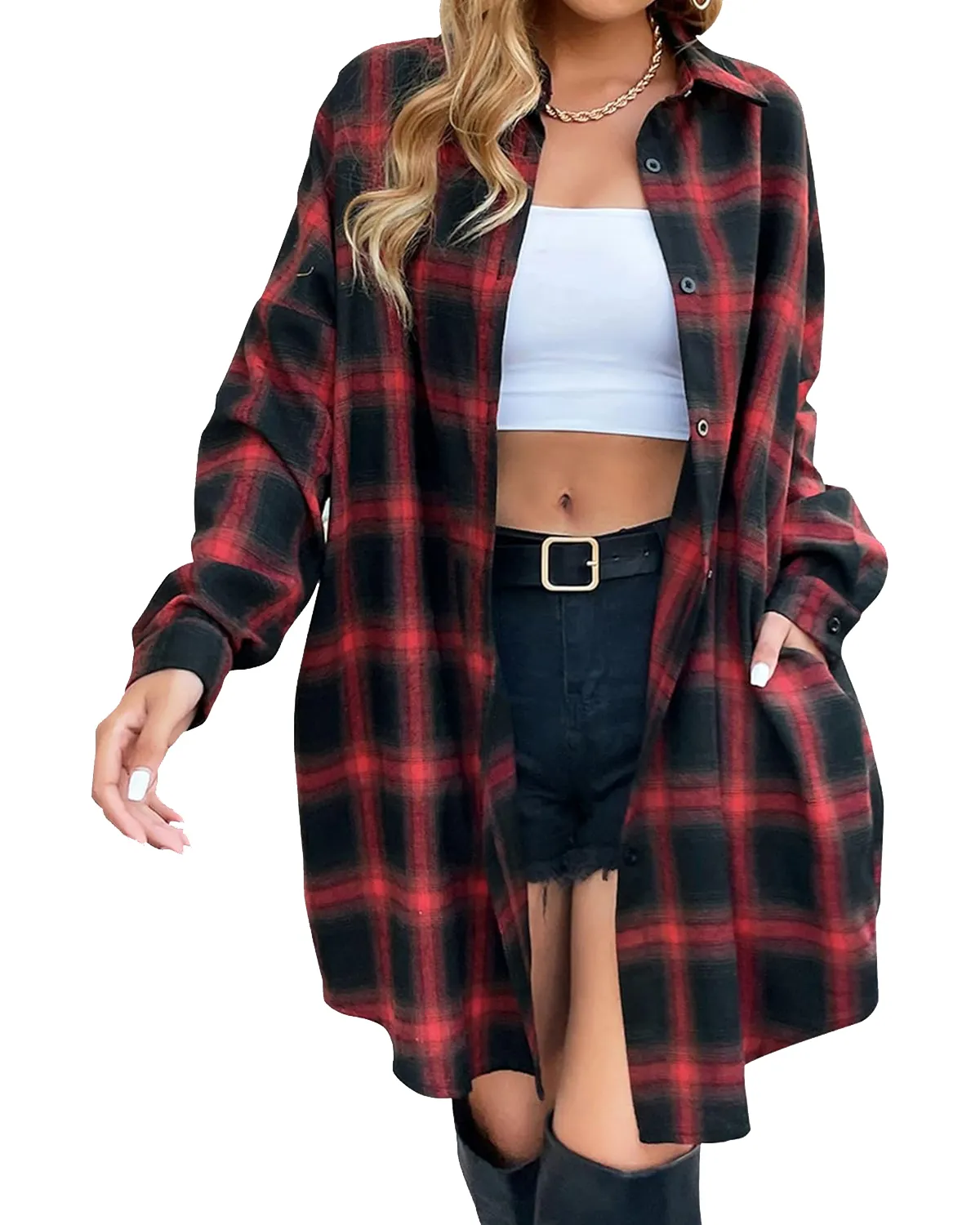 🔥🔥🔥🔥Women's Button Down Flannel Shirts Plaid Shacket Collared Long Jacket Coats(Buy 2 Free Shipping)