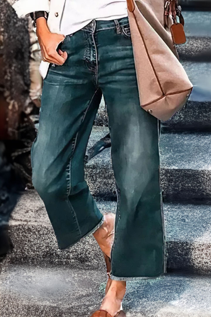 🔥🔥Midiross Washed Raw Hem Mid Waist Straight Leg Stretch Jeans