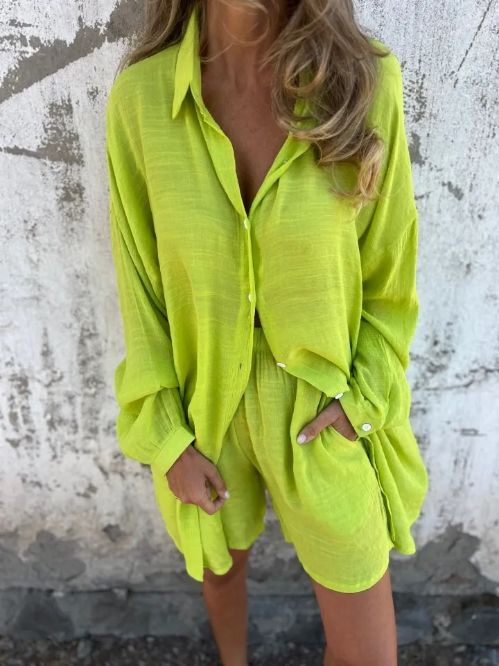 🔥🔥🔥🔥Solid Color Loose Shirt And Shorts Two-Piece Set