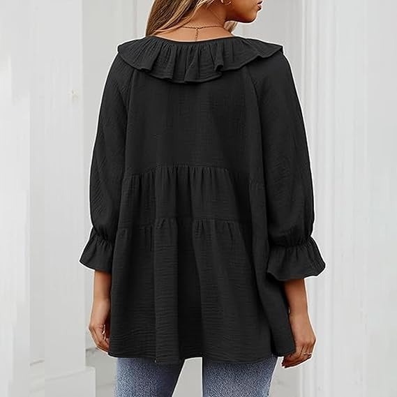 🔥HOT SALE🔥3/4 Sleeve Tee Round Neck Tie Front Layered Ruffle Shirt(BUY 2 FREE SHIPPING)