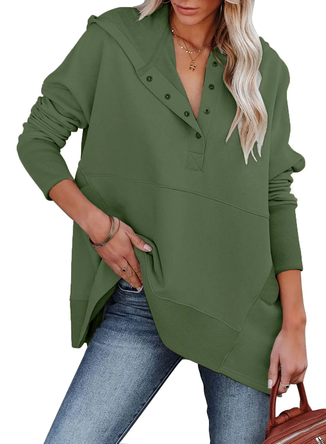🔥🔥🔥🔥Women's Oversized Button Collar Long Sleeve Sweatshirt With Pocket