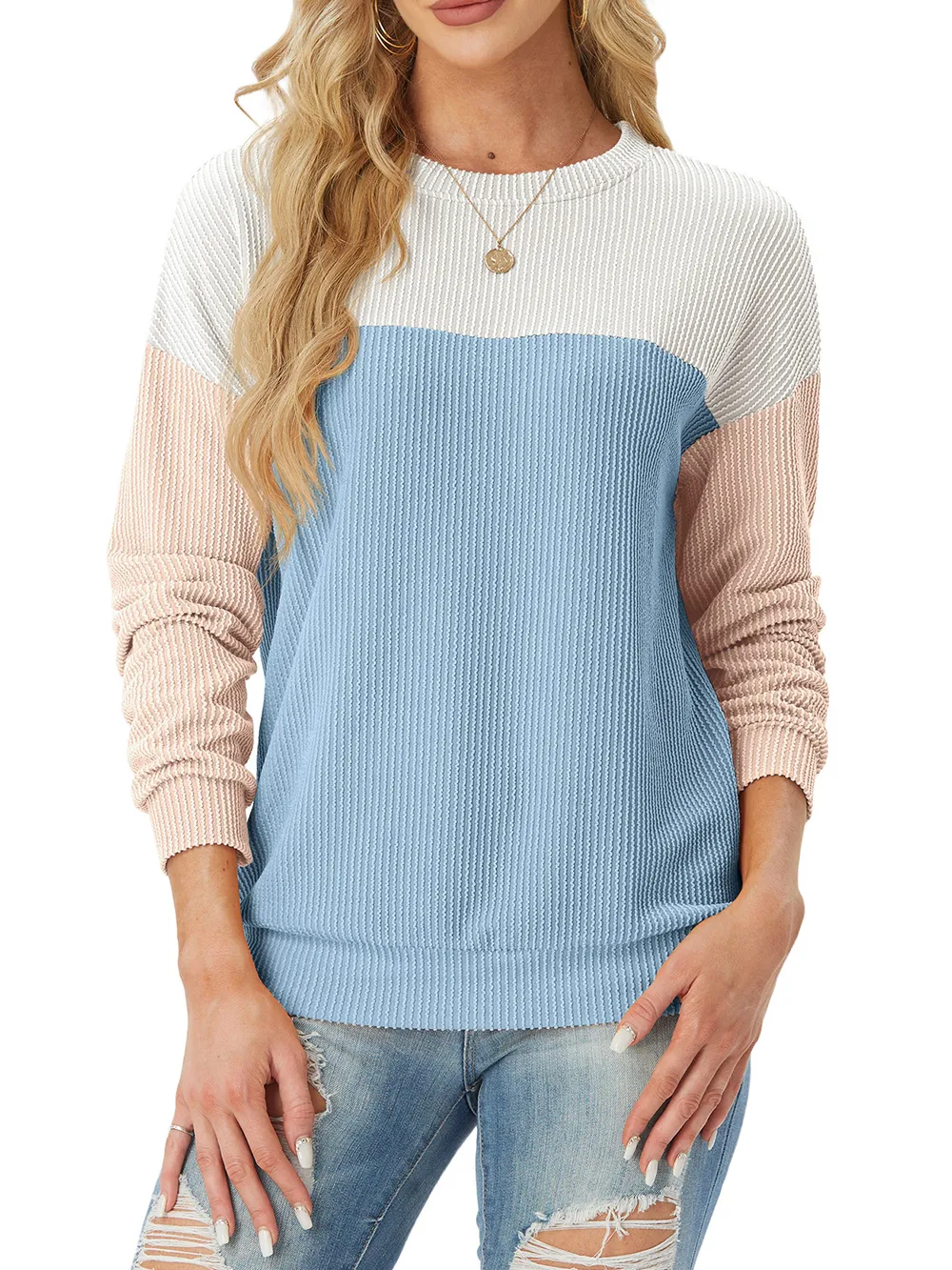 🔥🔥🔥🔥Women's Crewneck Color Block Ribbed Tops
