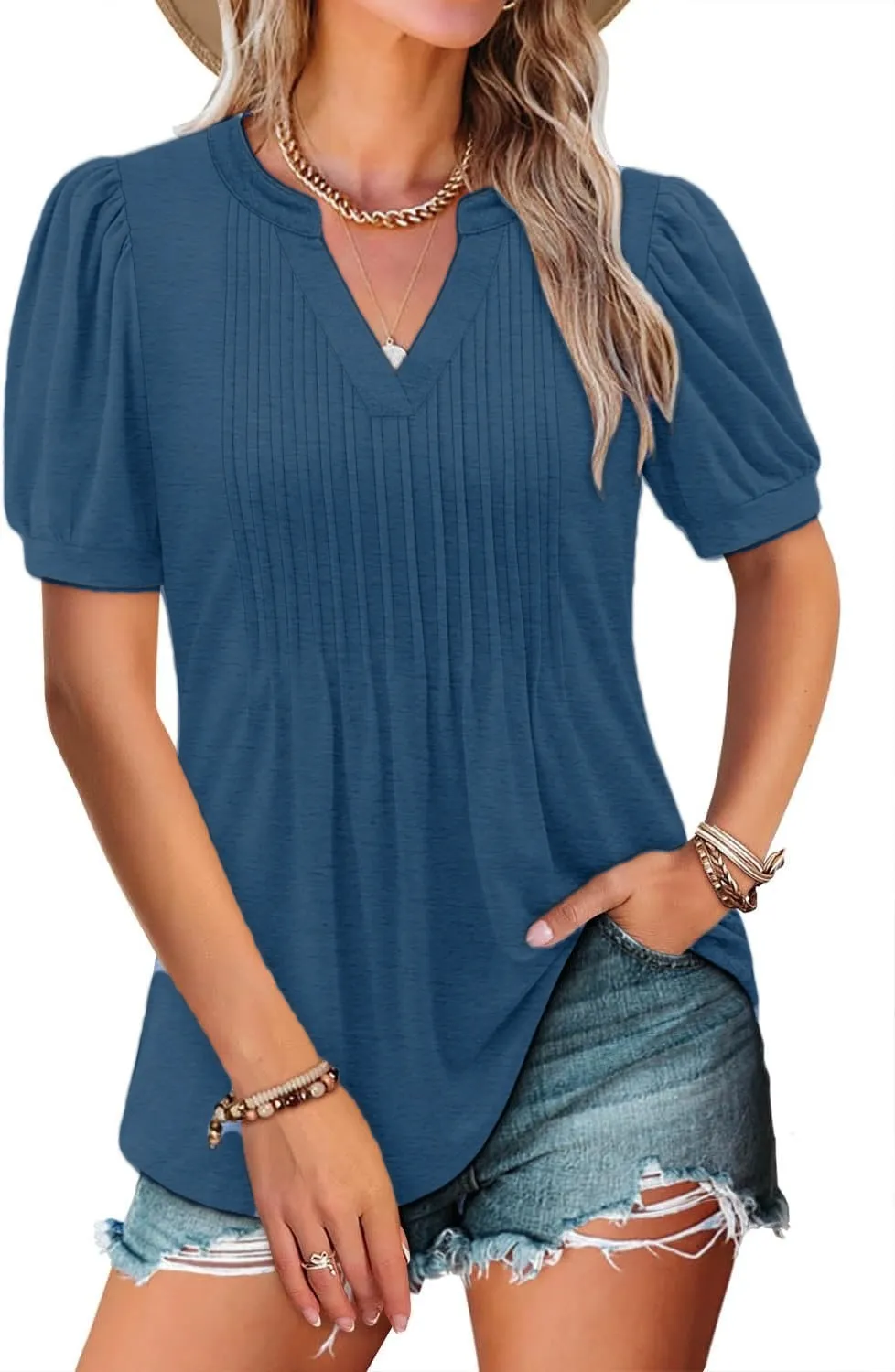 Women's V-neck Loose Pleated Short-sleeved Waist Top