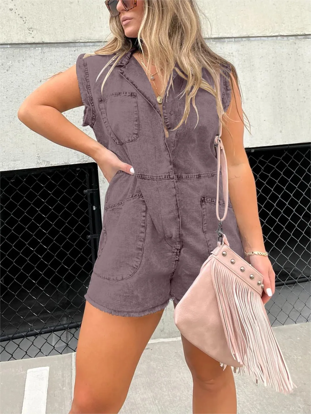 WOMEN'S DISTRESSED DENIM ROMPER