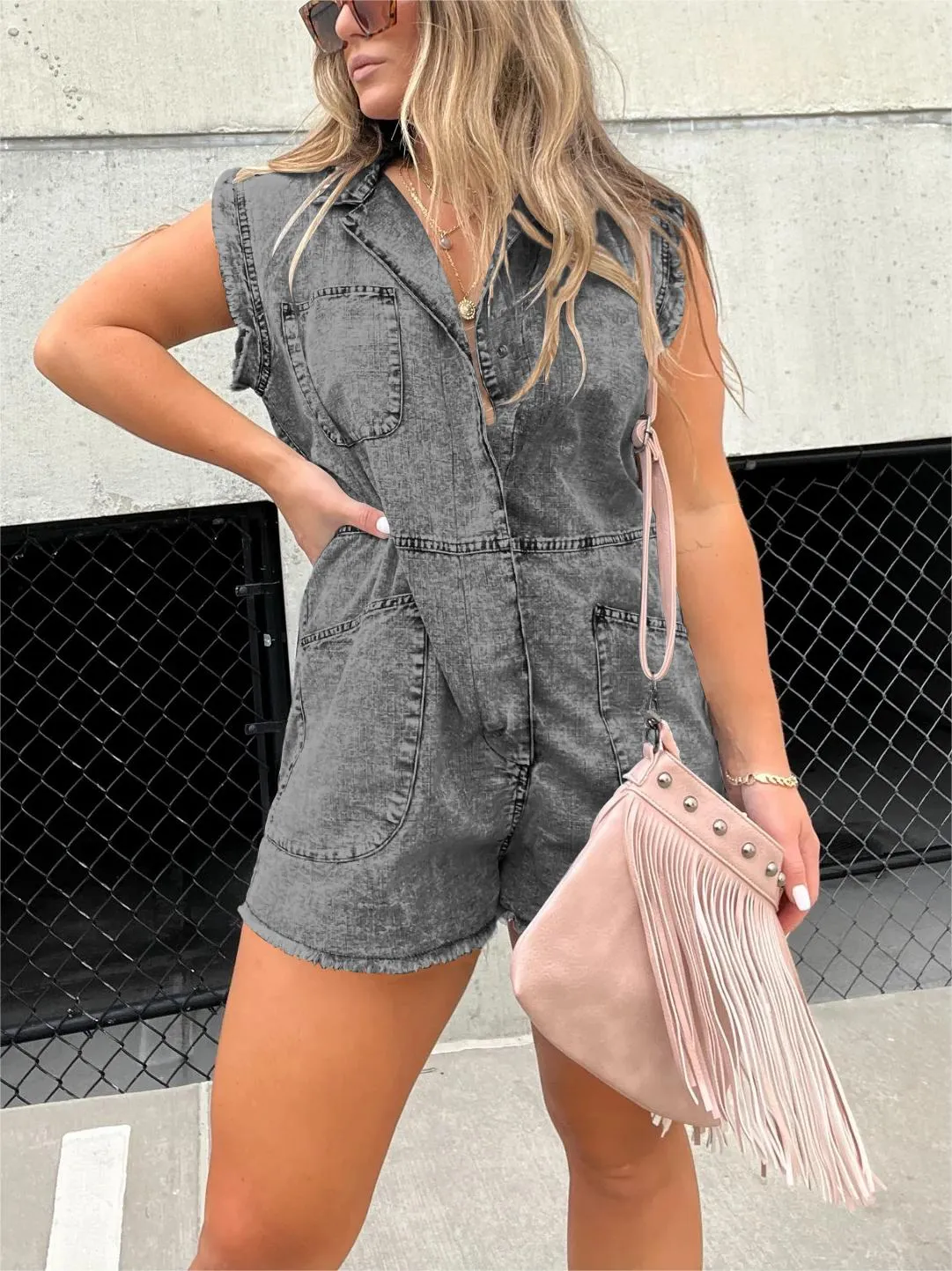 WOMEN'S DISTRESSED DENIM ROMPER
