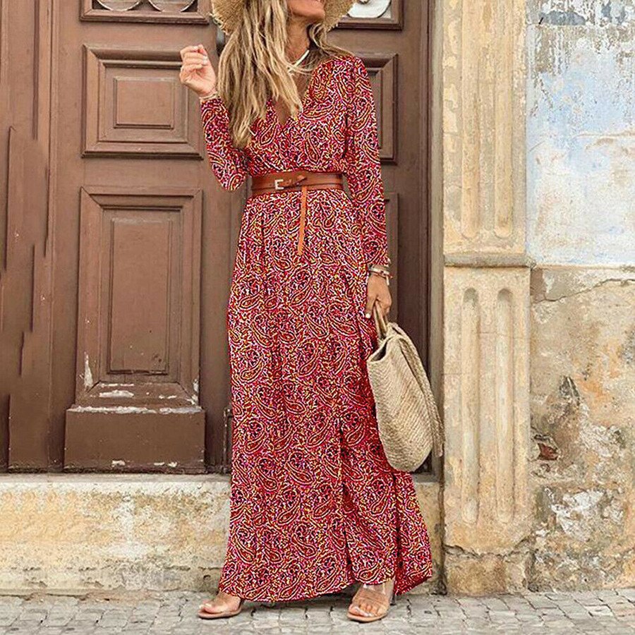 Autumn Winter Long Sleeve V-Neck Bohemian Floral Dress