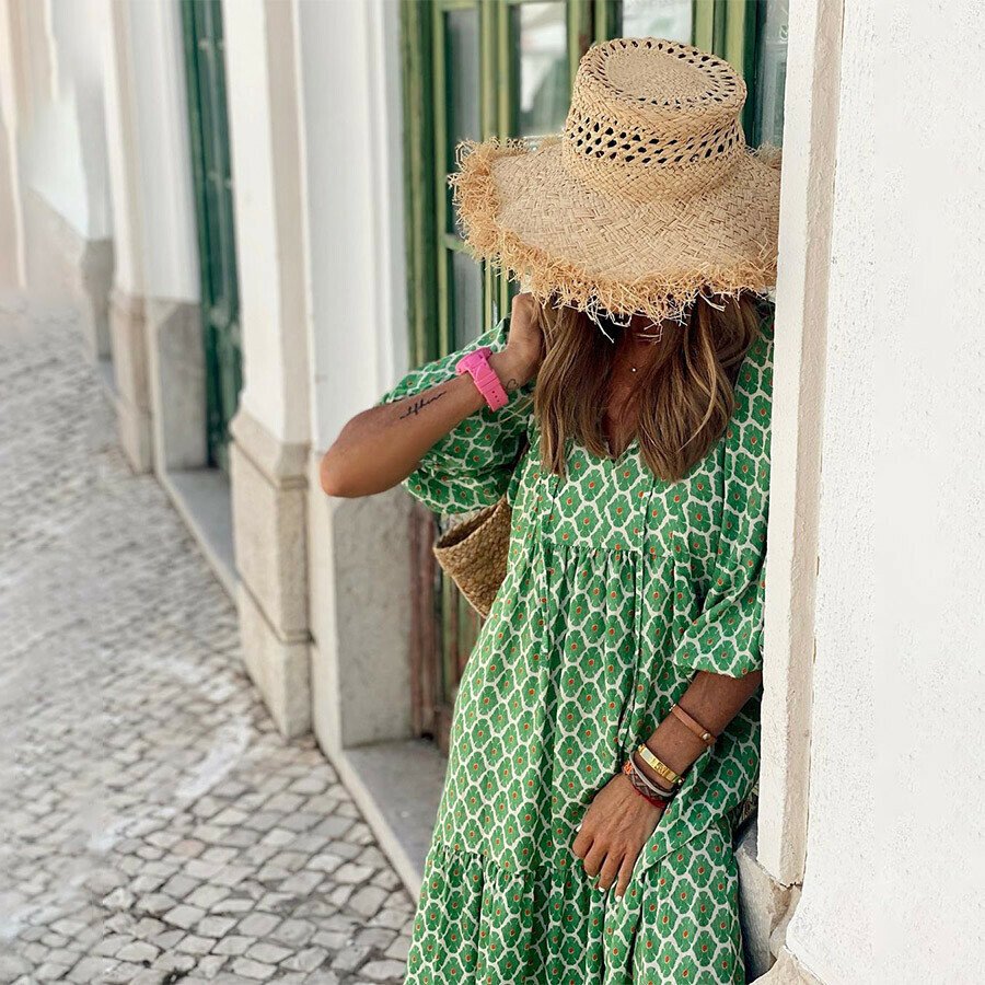 V-Neck Print Long Sleeve Dress