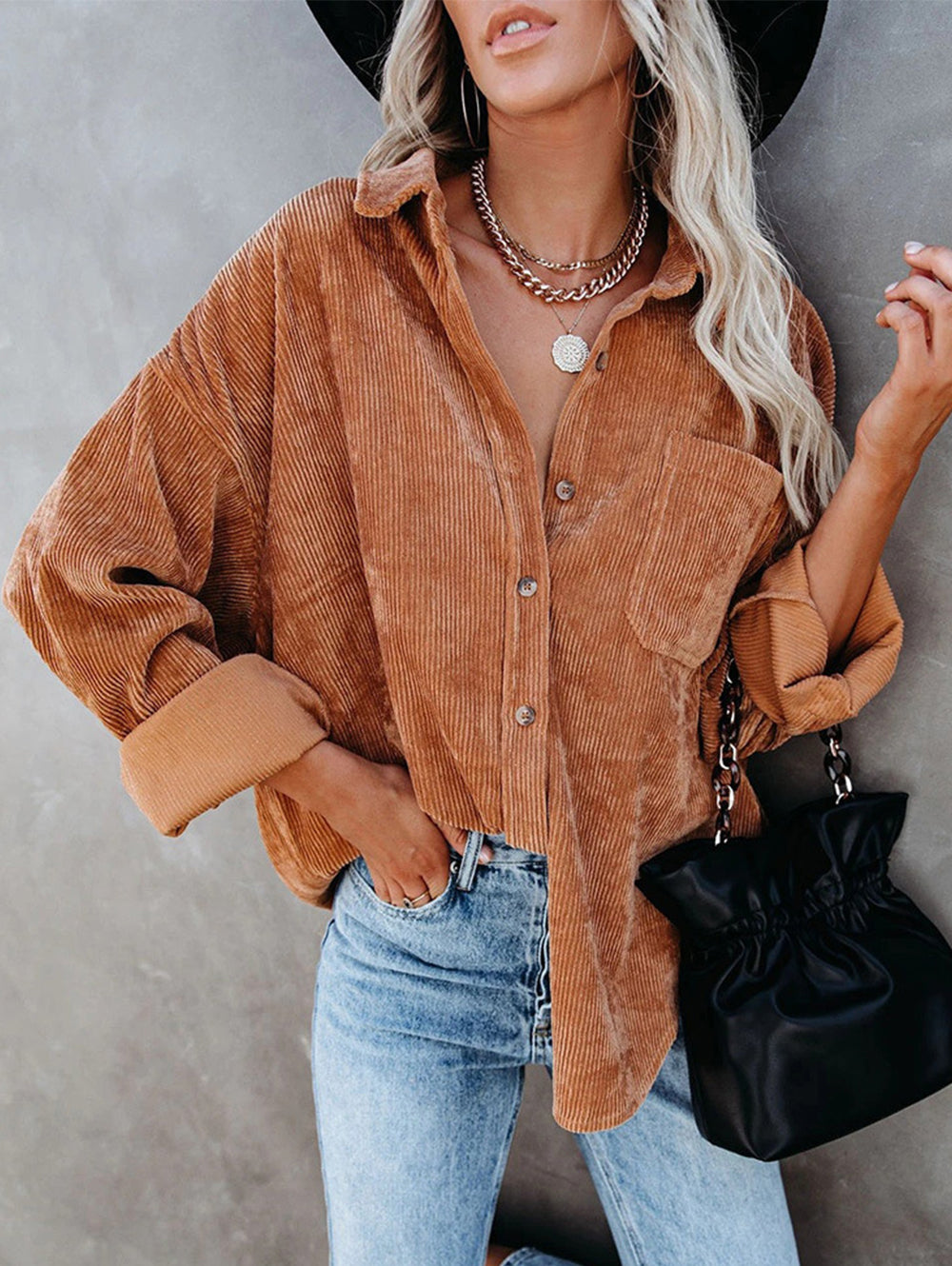 Ladies Corduroy Casual Loose Pocket Long Sleeve Shirt