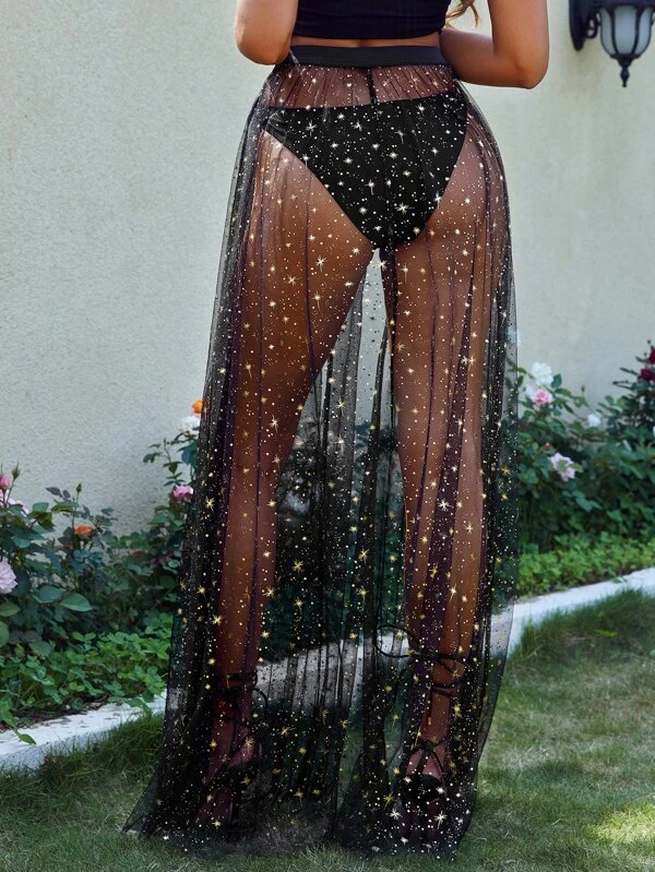 Star Pattern Sheer Mesh Skirt Without Panty